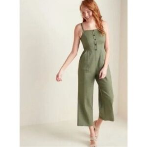 Old Navy - Linen Olive Green Cropped Wide Leg Jumpsuit Spaghetti Strap Overall